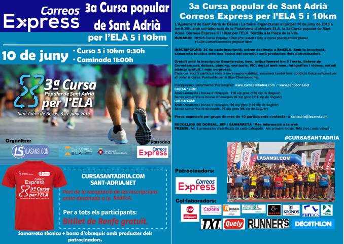 3a Cursa Correos Express de San Adrià per l’ELA cursa de 5 i 10km + caminada de 3km- 10/06/18 – 09:30h